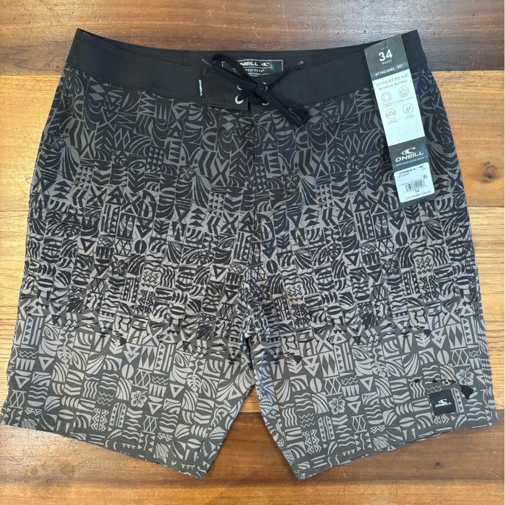 O’Neill Board Shorts Quick Dry Black Tan Tribal Print Sz 34 NWT Knee Length 20"
